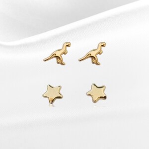 10k Solid Gold Tiny Dinosaur and Star Stud Earrings Set, Upper Lobe and Cartilage Piercing, Screw Back Studs Earrings, Dainty Lightweight