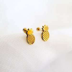 10k Solid Gold Tiny Pineapple Stud Earrings, Upper Lobe and Cartilage Piercing, Create Stacked Stud Designs, Tropical Accessories