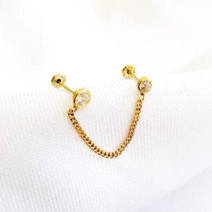 Dainty Chain Double Circle Shaped Stud Earrings 10k Solid Gold, Upper Lobe and Cartilage Piercing, ScrewBack Studs Earrings, Hearted Jewelry
