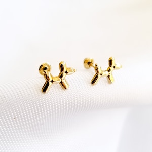 10k Solid Gold Tiny Balloon Dog, Stud Earrings, Upper Lobe and Cartilage Piercing, Create Stacked Stud Designs, Dog Lovers