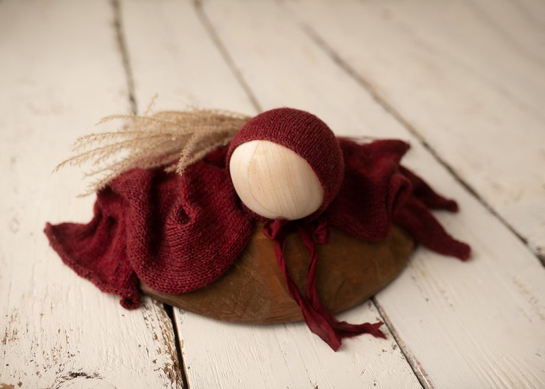 Burgundy Wrap Set Newborn Photography Prop Newborn Props Sleep hat and wrap Knitted sleeper hat Knitted wrap set Knitted wrap