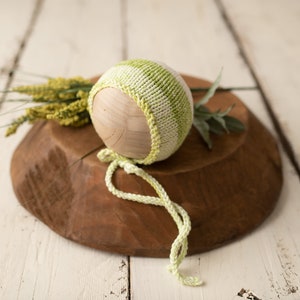 READY TO SHIP Green Bonnet, Newborn Photography Prop, Newborn Props, Striped bonnet, Knitted wrap, Knitted bonnet