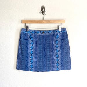 May include: A blue mini skirt with a snakeskin pattern, hanging on a wooden hanger. The skirt has two front pockets and a button closure. The snakeskin pattern is a mix of light and dark blue.