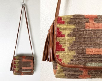 Vintage Wool Kilim and Leather Crossbody Bag / Purse / Tan Leather