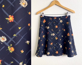 Vintage 90s Floral High Waisted Mini Skirt / Dark Navy / Daisies / Semi Sheer / Size 10 medium