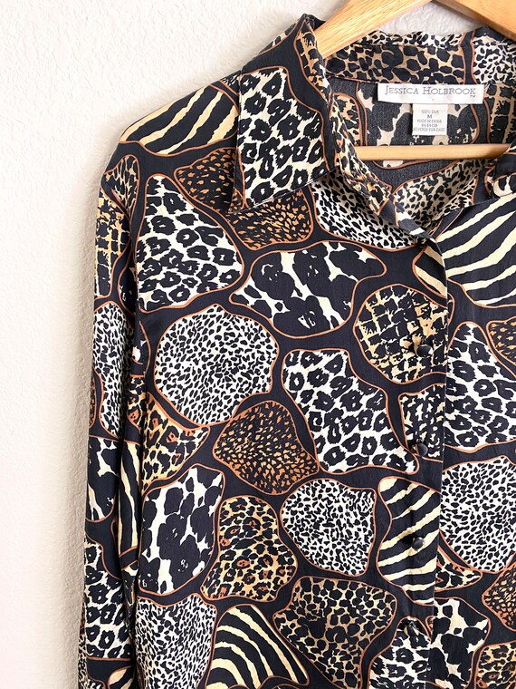 Vintage 90s Silk Mixed Animal Print Blouse / Leop… - image 2