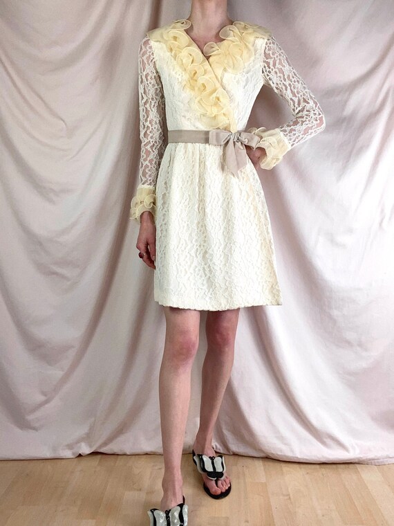 Vintage 1960's Lace and Ruffles Mini Dress / Wrap Dress / Cream Ivory Butter Yellow / xs s