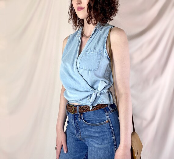 Vintage 90's Chambray Denim Wrap Top / Light Wash