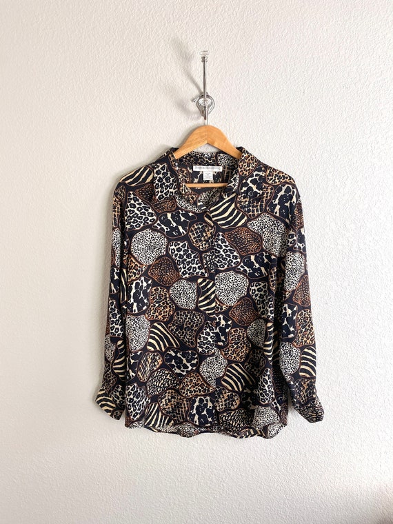 Vintage 90s Silk Mixed Animal Print Blouse / Leop… - image 1