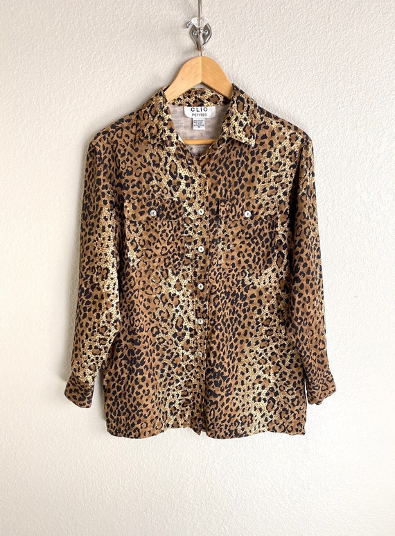 Vintage 90s Silk Leopard Print Button Down Blouse 