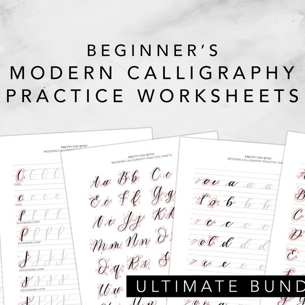 Modern Calligraphy Brush Lettering Workbook Practice Sheets for Beginners - Digital Download With Basic Strokes, Lowercase & Uppercase