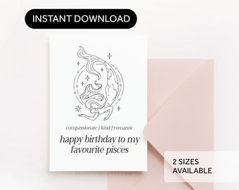 Pisces Birthday Card - Happy Birthday to My Favourite Pisces - Zodiac, Horoscope, Greeting Card Digital Download Printable