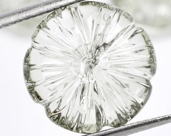 Flower Carved Green Amethyst Gemstone: Round Prasiolite, 15mm