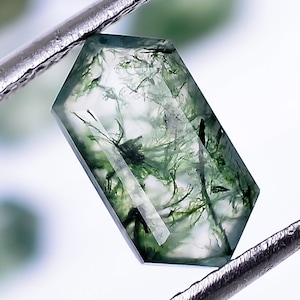 May include: A green moss agate gemstone with a unique, natural pattern. The gemstone is cut into a rectangular shape with beveled edges and is held by a pair of tweezers.