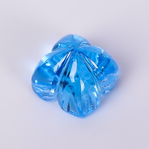 Handmade Swiss Blue Topaz Carving: Flower Cut Cushion Stone