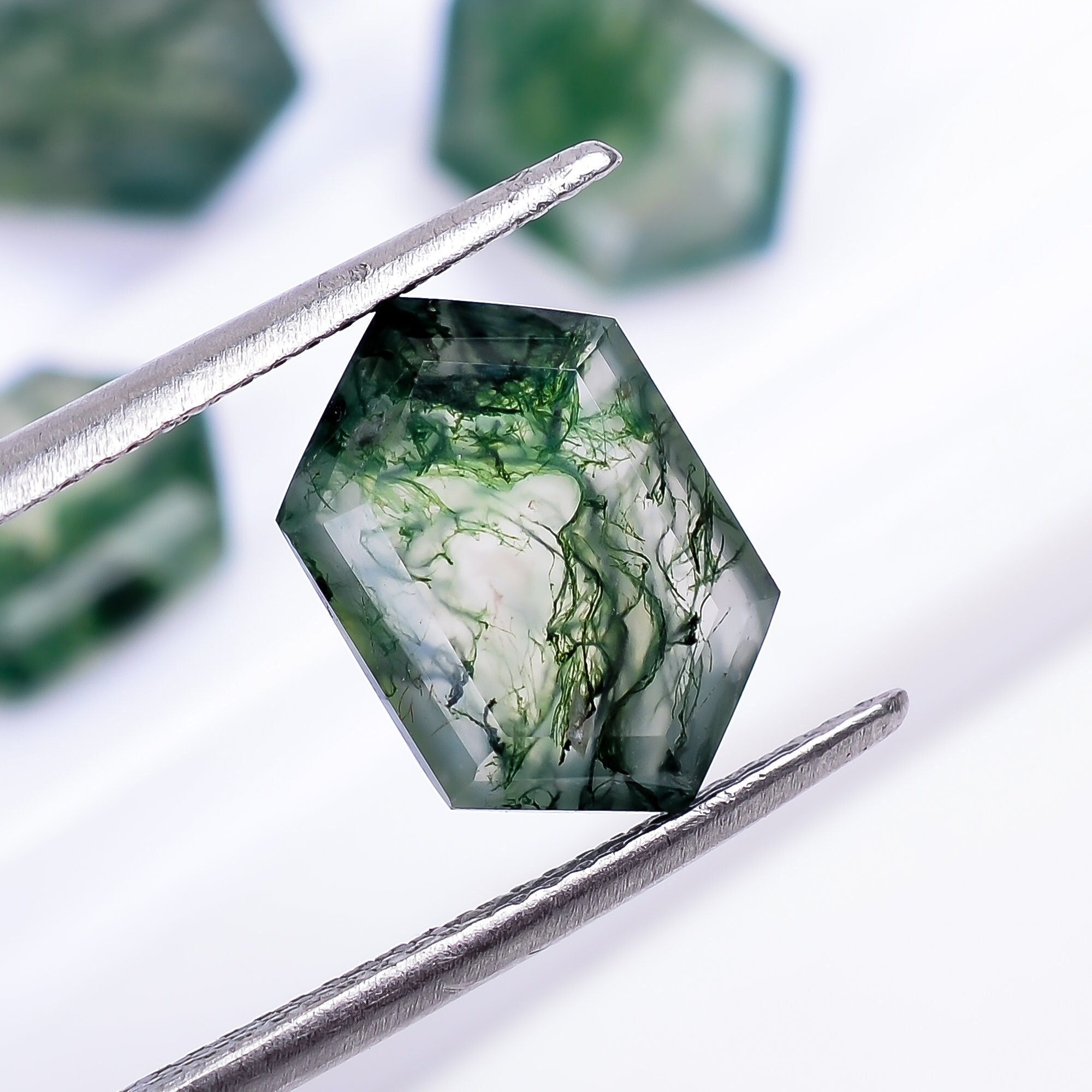 Green Moss Agate Gemstone: Elongated Hexagon Step Cut (12X8X4.5 Mm