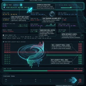 May include: A digital CBX Advanced Dashboard interface displaying real-time cryptocurrency market data, including BTCUSDT trading pairs, price performance, high-velocity buy alerts, trading volumes, liquidity walls, and AI sentiment analysis.