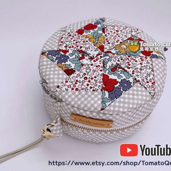 No.180 Patchwork round pouch,  Hand Sewing Pattern Only, YouTube Tutorial, No Written Instructions, Instant Download PDF.