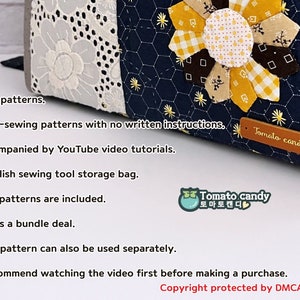 May include: A set of six sewing patterns for a stylish sewing tool storage bag. The patterns are hand-sewn and accompanied by YouTube video tutorials. The image shows a blue fabric bag with a yellow and white flower design and a brown leather tag that says "Tomato candy".