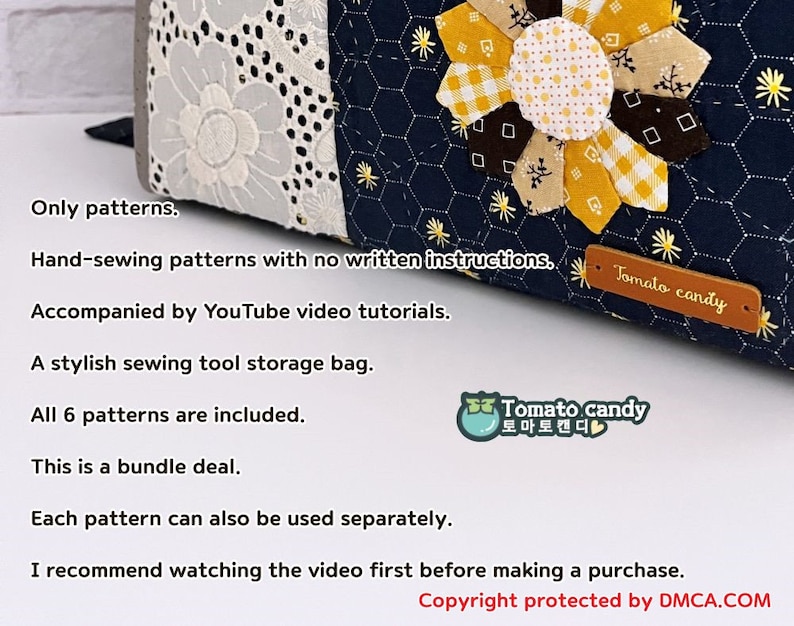 May include: A set of six sewing patterns for a stylish sewing tool storage bag. The patterns are hand-sewn and accompanied by YouTube video tutorials. The image shows a blue fabric bag with a yellow and white flower design and a brown leather tag that says "Tomato candy".