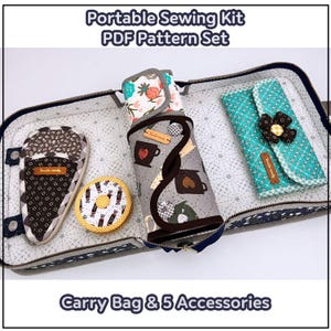 May include: A portable sewing kit PDF pattern set featuring a zippered carry bag containing five fabric accessories. The items include a brown patterned pincushion, a yellow circular cushion, a gray coffee-themed roll, and a teal patterned case.
