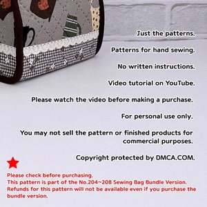 May include: A close-up of a gray and brown fabric sewing pattern for a small bag. The pattern features a cute teacup and cat design. The text on the image reads: "Just the patterns. Patterns for hand sewing. No written instructions. Video tutorial on YouTube. Please watch the video before making a purchase. For personal use only. You may not sell the pattern or finished products for commercial purposes. Copyright protected by DMCA.COM. Please check before purchasing. This pattern is part of the No.204~208 Sewing Bag Bundle Version. Refunds for this pattern will not be available even if you purchase the bundle version."