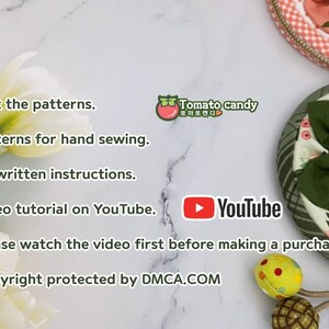 K&ouml;nnte beinhalten: Ein digitales Bild mit dem Text "Just the patterns. Patterns for hand sewing. No written instructions. Video tutorial on YouTube. Please watch the video first before making a purchase. Copyright protected by DMCA.COM". Das Bild enth&auml;lt auch ein Logo f&uuml;r "Tomato candy" und ein YouTube-Logo.