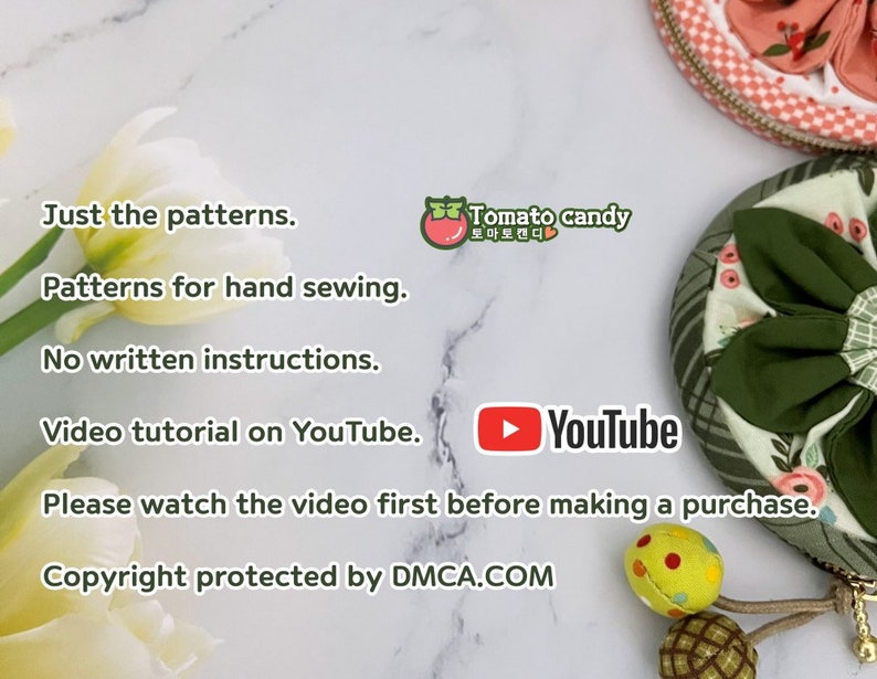 K&ouml;nnte beinhalten: Ein digitales Bild mit dem Text "Just the patterns. Patterns for hand sewing. No written instructions. Video tutorial on YouTube. Please watch the video first before making a purchase. Copyright protected by DMCA.COM". Das Bild enth&auml;lt auch ein Logo f&uuml;r "Tomato candy" und ein YouTube-Logo.