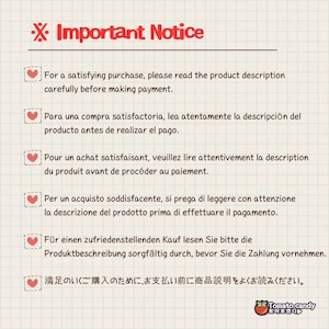 May include: A notice on a grid-lined paper with the text "Important Notice" in red. The notice includes instructions in multiple languages, including English, Spanish, French, German, Italian, and Japanese, advising customers to read the product description before purchase.