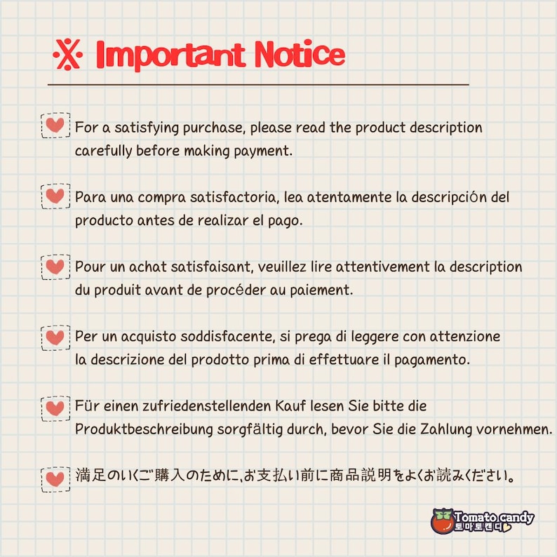Peut inclure: Une ic&ocirc;ne de c&oelig;ur rouge avec une coche dans un carr&eacute; blanc, suivie d'une liste d'avis importants dans plusieurs langues. Le texte indique : "Pour un achat satisfaisant, veuillez lire attentivement la description du produit avant de proc&eacute;der au paiement."  "For a satisfying purchase, please read the product description carefully before making payment." "Para una compra satisfactoria, lea atentamente la descripci&oacute;n del producto antes de realizar el pago." "Per un acquisto soddisfacente, si prega di leggere con attenzione la descrizione del prodotto prima di effettuare il pagamento." "F&uuml;r einen zufriedenstellenden Kauf lesen Sie bitte die Produktbeschreibung sorgf&auml;ltig durch, bevor Sie die Zahlung vornehmen." "満足のいくご購入のために、お支払い前に商品説明をよくお読みください。"