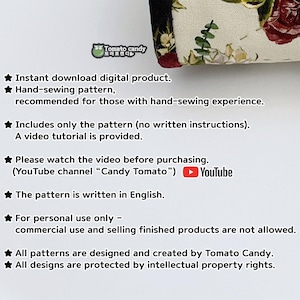 May include: Digital hand-sewing pattern by Tomato Candy, recommended for experienced sewers. Includes pattern only, with a video tutorial. The pattern is written in English. For personal use only; commercial use is not allowed.