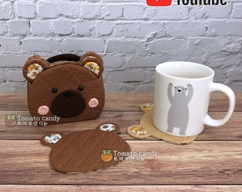 No.131 Bear Coaster&Holder set, PDF Pattern Only, Hand Sewing, YouTube Tutorial, No Written Instructions