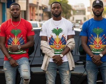 Haitian Coat of Arms Flag T-Shirt Haiti Event/Parade Independence Day Tee Men's Gift Vibrant Colors: Yellow White Red  Blue Black.