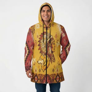 Native Indian Headdress Wolf Aztec Pattern Pow wow Men's Coat Plush Lined Hoodie Jacket