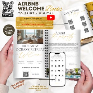 PRUÉBAME Escanea el código QR en la imagen / Paquete de plantillas editables para libros de bienvenida de alquileres a corto plazo, carteles para anfitriones en Canva, guía digital para Airbnb, Vrbo, etc.