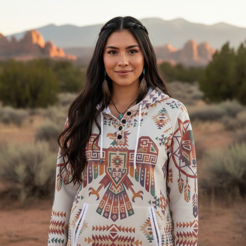 May include: Cream-colored hoodie with a Southwestern-inspired design featuring an eagle motif. The hoodie has a drawstring hood, a kangaroo pocket, and a button-up neckline. The design incorporates geometric patterns in shades of brown, orange, green, and purple.