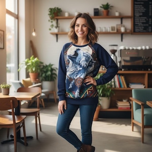 May include: A navy blue sweatshirt with a detailed graphic of a howling wolf against a full moon. The design incorporates feathers and geometric patterns. The person is wearing blue jeans and brown boots.
