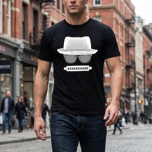 Harmonica Hat Musician Cool Shades Sunglasses Jazz Blues Music Lover Men's White or Black T-shirt