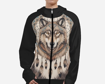 Dreamcatcher Majestic Wolf Feathers Women's Zip Up Long Hoodie Fleece Jacket