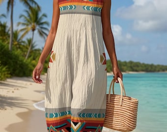 Aztec Native Indian Design Indigenous Pattern Art Tan Color  Women's Sleeveless Dress