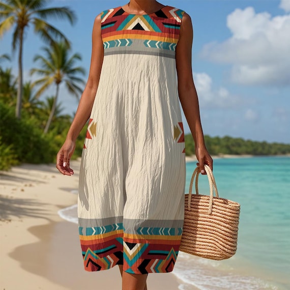 aztec design dress Native Indian Indigenous Pattern Art Tan Color Women's Sleeveless Product Details Style swift size:3X black dress with cutout Midi dress
