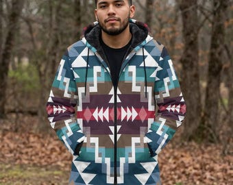 Chaqueta con capucha y cremallera completa para hombre, diseño geométrico azteca, arte indígena nativo indio, forro polar grueso