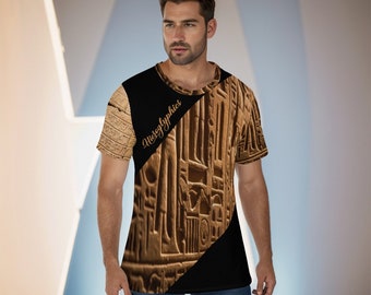 May include: A black and brown t-shirt with a diagonal pattern of ancient Egyptian hieroglyphics. The text "Hieroglyphics" is written in a stylized font on the shirt.