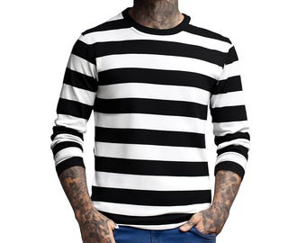 Camiseta de manga larga para hombre, estilo punk rock emo gótico, a rayas blancas y negras. Regalo para padre e hijo.