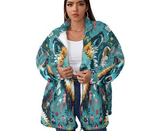 Abrigo unisex con cremallera y cuello polar, plumas de lobo turquesa, estilo nativo americano (talla grande)