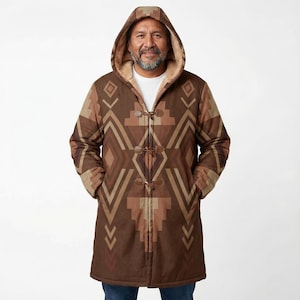 Brown Aztec Retro Geometric Pattern Native Indian Men's Coat Horn Button Long Fleece Jacket