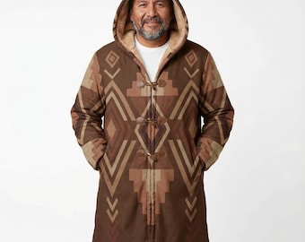 Chaqueta larga de polar con botones de cuerno para hombre, diseño indio nativo con estampado geométrico retro azteca marrón
