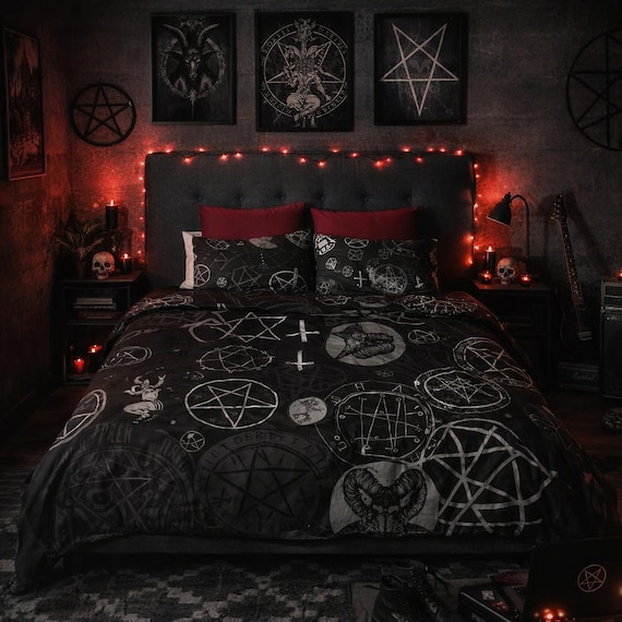 Housse de Couette Halloween Gothique Parure de Lit 1/2 Personnes Sets de Housse de Couette Taies d'oreillers en Microfibre Housse Couette avec Fermeture Éclair Non-Iron(gris2,230x220cm