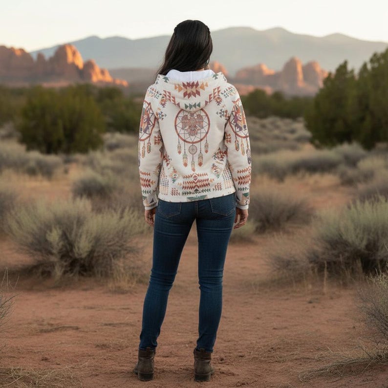 May include: Cream-colored hoodie with a dreamcatcher design on the back, featuring feathers and geometric patterns in shades of brown, red, and blue. The hoodie is worn with blue jeans and brown boots.