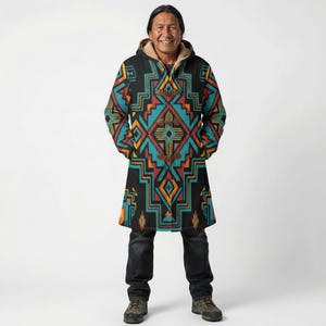 Native Indian Aztec Tribal Coat Men's Horn Button Long Fleece Jacket